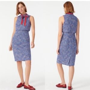 🍓 J. Crew Blue and Red Tweed Jackie O Retro Neck Tie Midi Dress 16 XL
